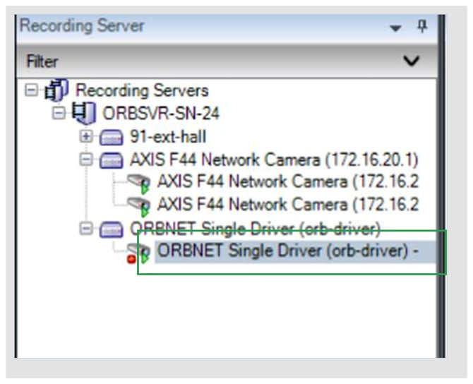 Screenshot of XProtect Management Client showing an ORB Driver video channel selected under the Recording Server.