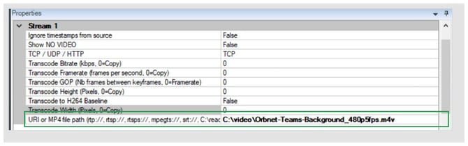 Screenshot of the ORB Driver stream settings showing the URI or MP4 file path field configured with a local video file path.