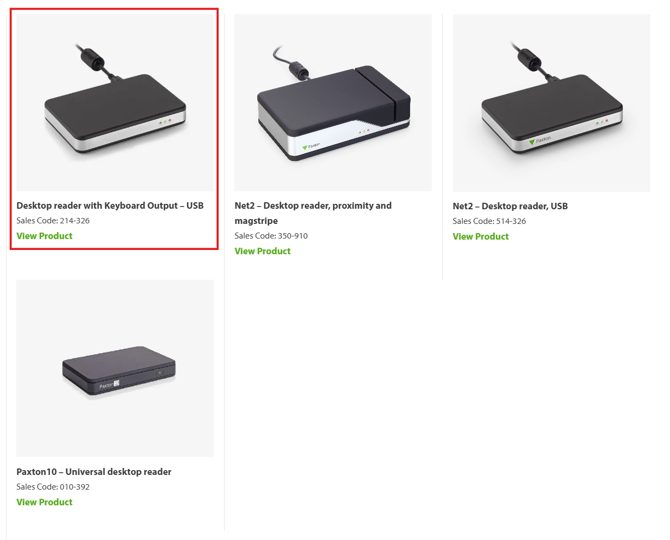 Paxton product listing showing the Desktop reader with Keyboard Output – USB, sales code 214-326, highlighted as the required reader.