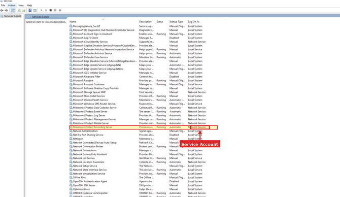 Screenshot of the Windows Services properties for Milestone Recording Server showing the Log On tab and configured service account.