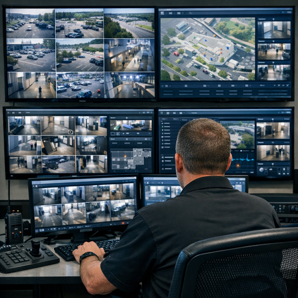 Facilities team member monitoring unified security system display