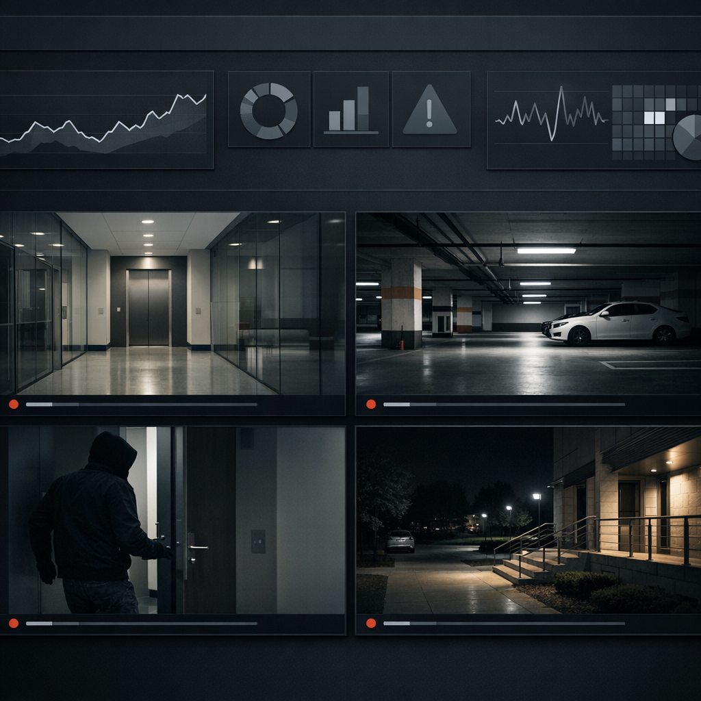 Minimalist dashboard displaying real-time security events and video feeds in unified interface