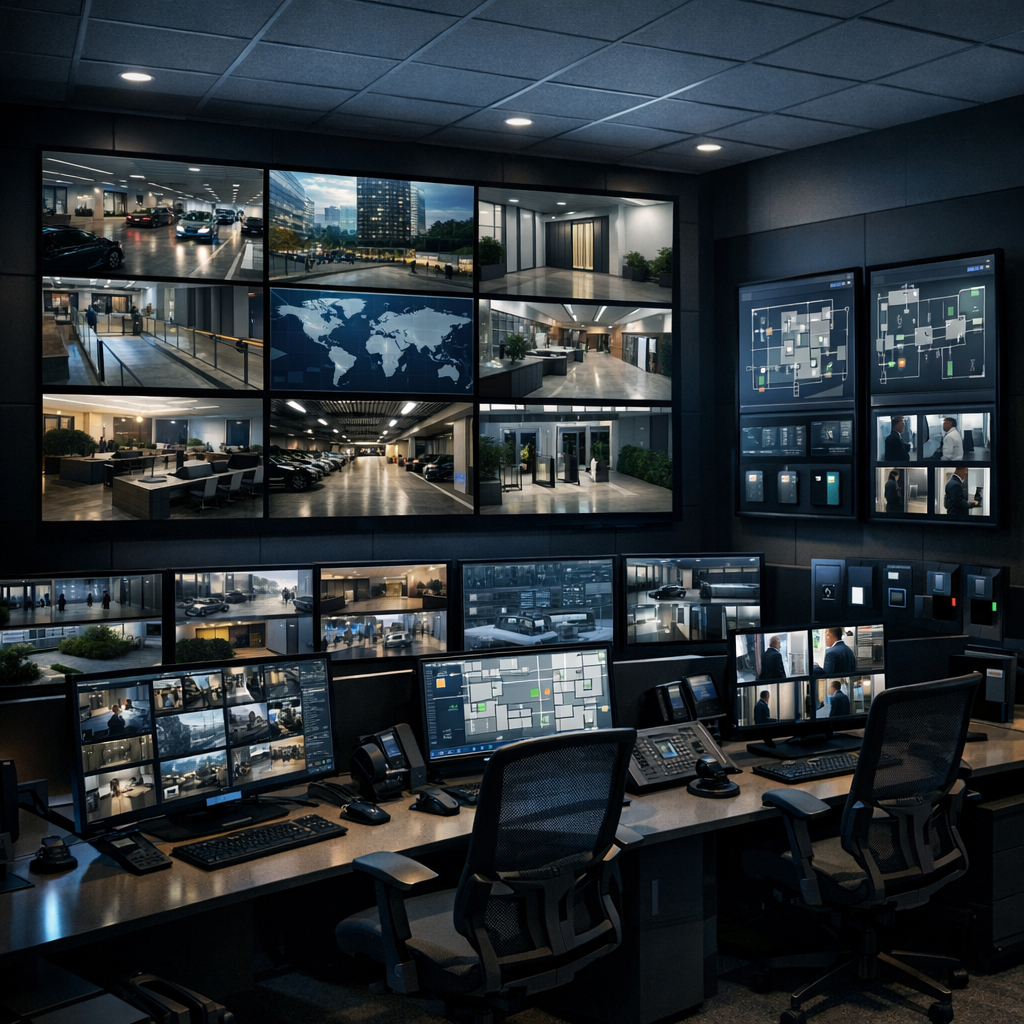 Modern security control room with integrated access control and video management systems