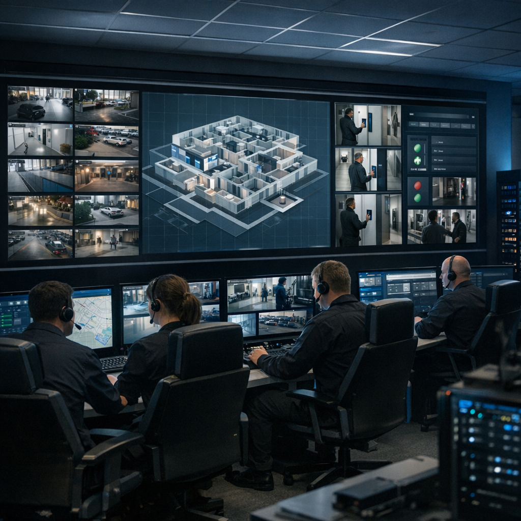 Professional security operations centre with video management and access control integration