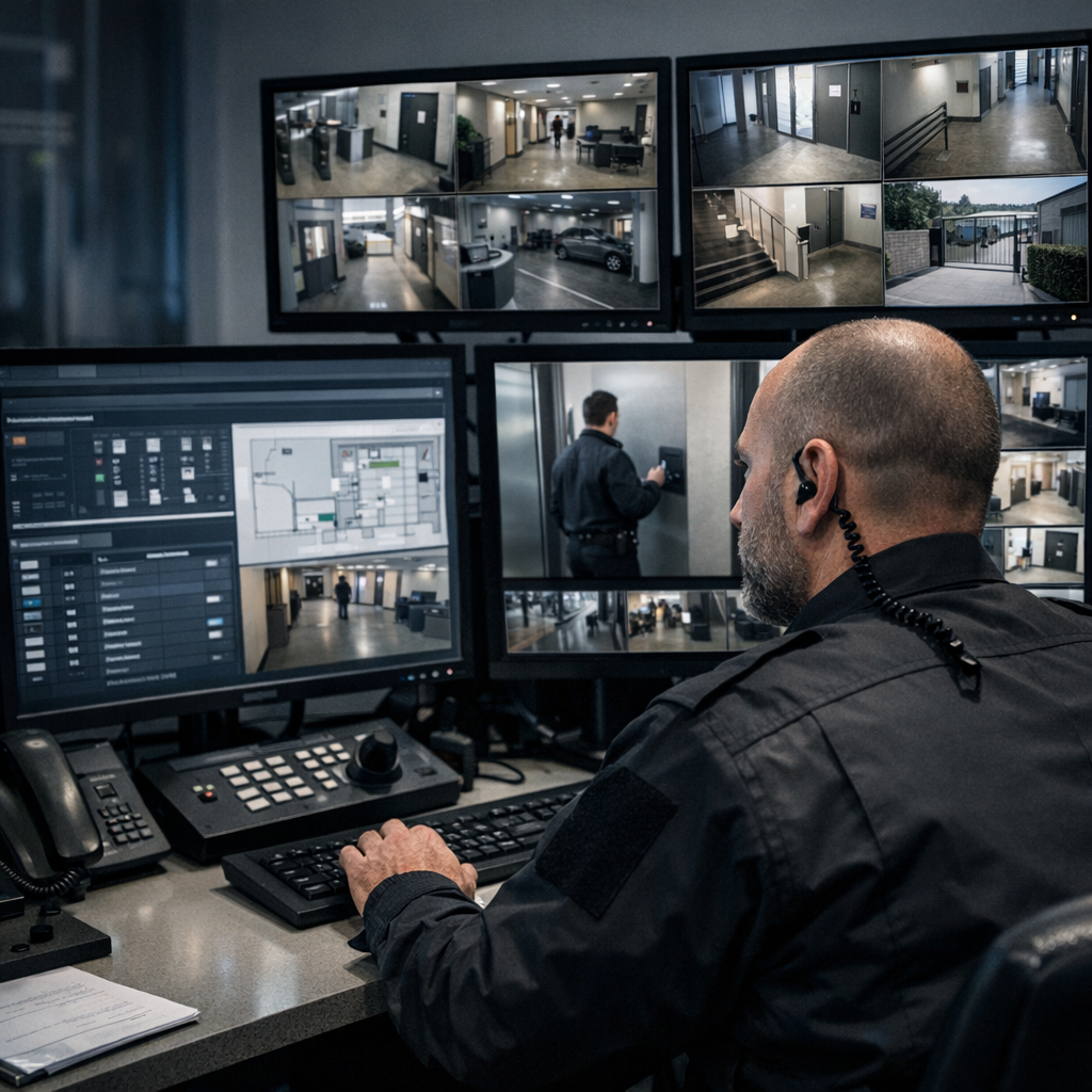 Security manager reviewing integrated access control and video system
