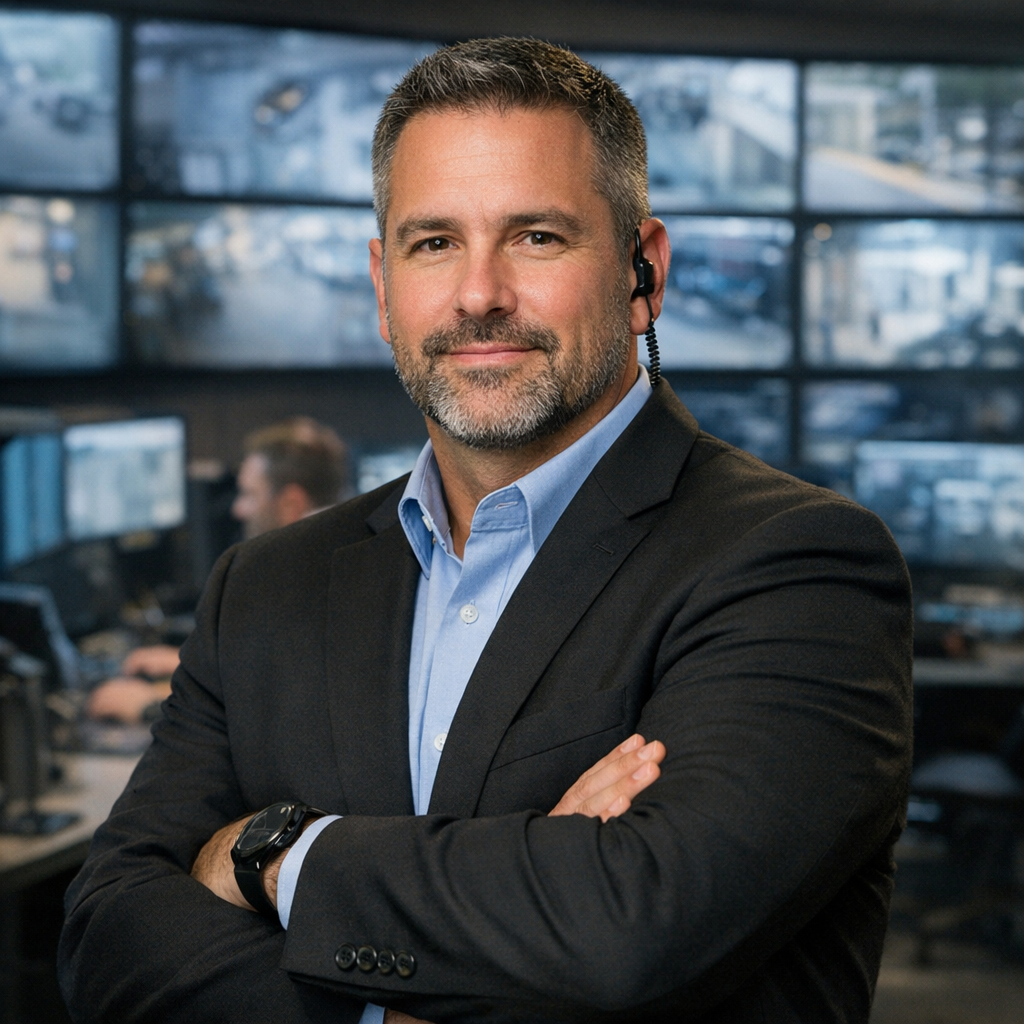 Professional headshot of security operations manager in control room environment